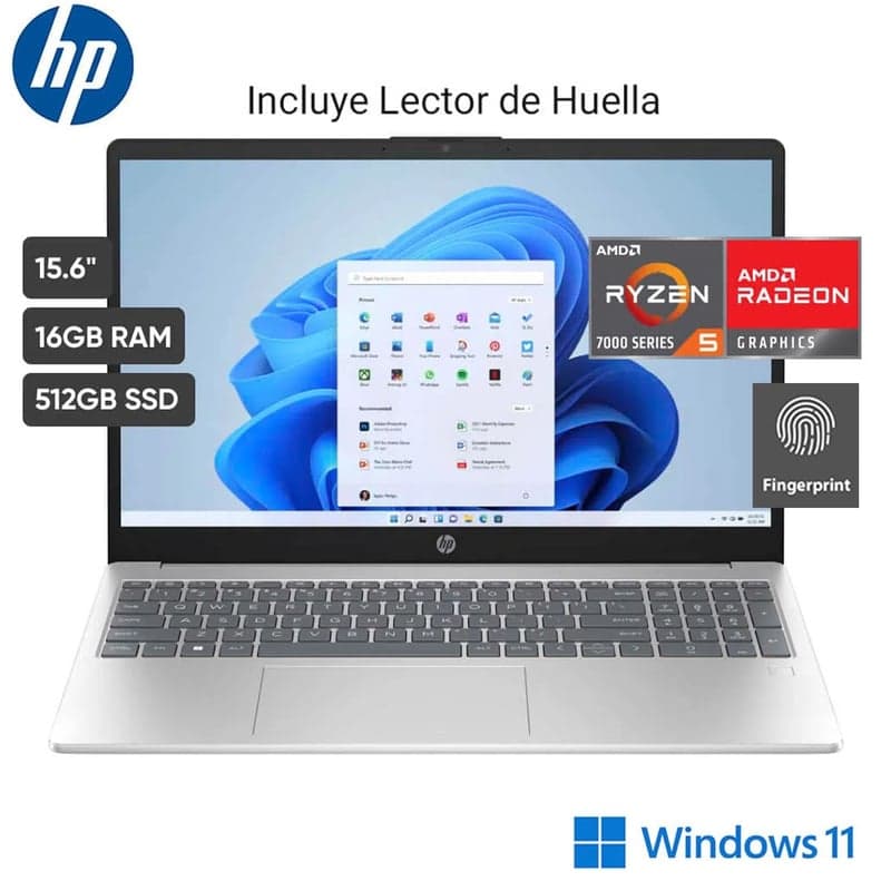 Portátil HP 14 Táctil Ryzen 7 SSD 256GB RAM 16GB Lector de Huella